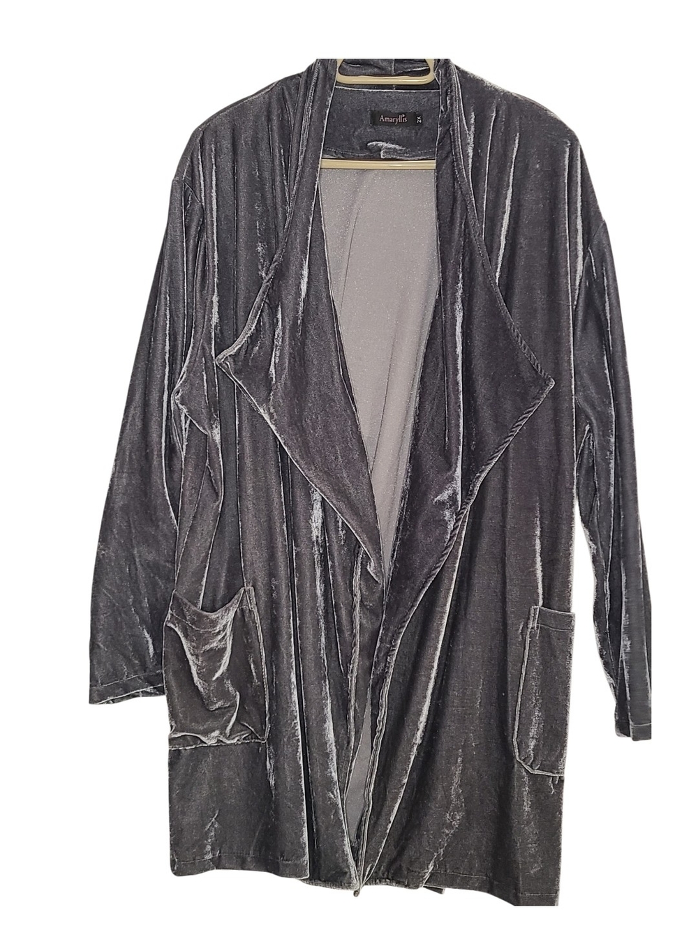 Amaryllis Gray Velvet Open Front Cardigan Jacket 2X Pockets Draped Plush Soft